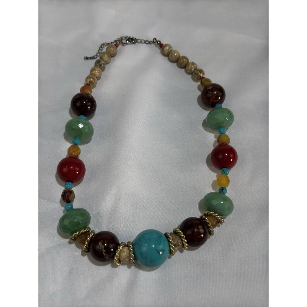 Vintage Chunky Teal Red and Brown Ceramic & Mixed Media Bead‎ Choker Necklace